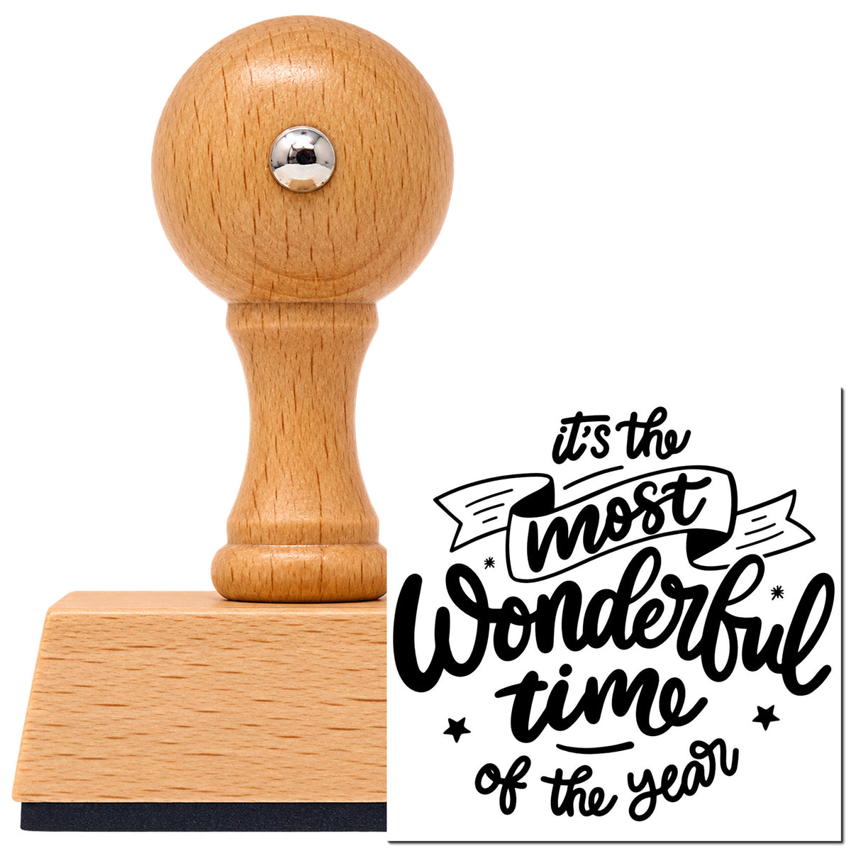 Most Wonderful Time Of Year Vintage Pro rubber stamp in European beech wood with a round knob handle, shown beside its black imprint.