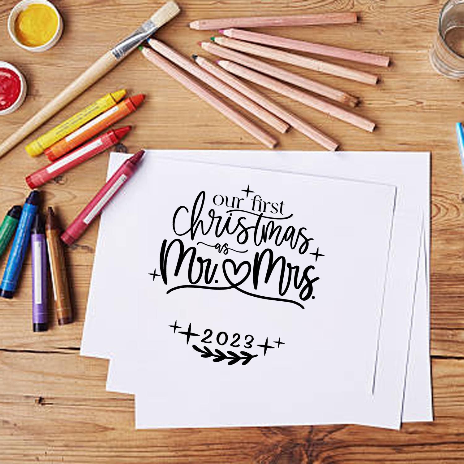 Custom rubber stamp design for "Our First Christmas as Mr. & Mrs. 2023" wedding holiday cards.