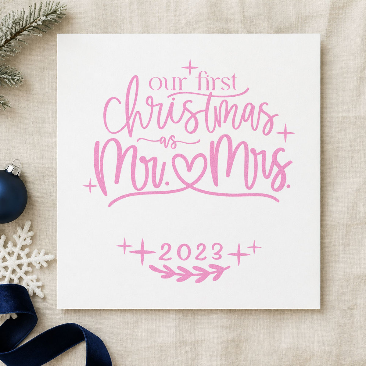First Christmas Mr And Mrs craft stamp in purple ink on cardstock, an easy option for wedding year album.