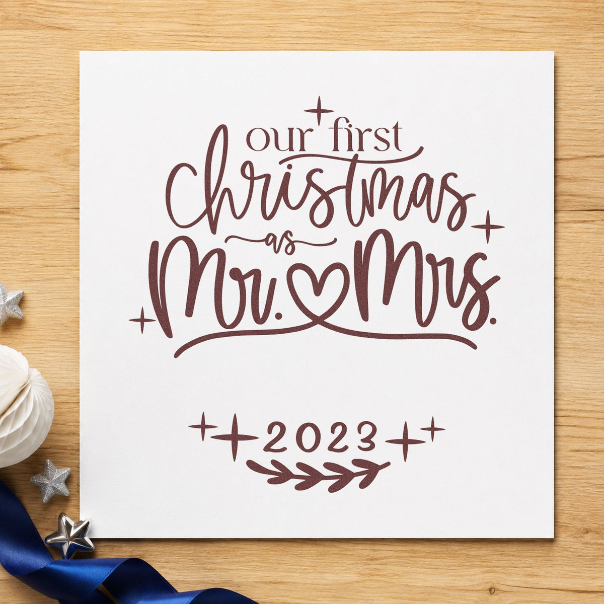 First Christmas Mr And Mrs rubber stamp printed in brown ink, ready for new home plan sheet and similar paper crafts.