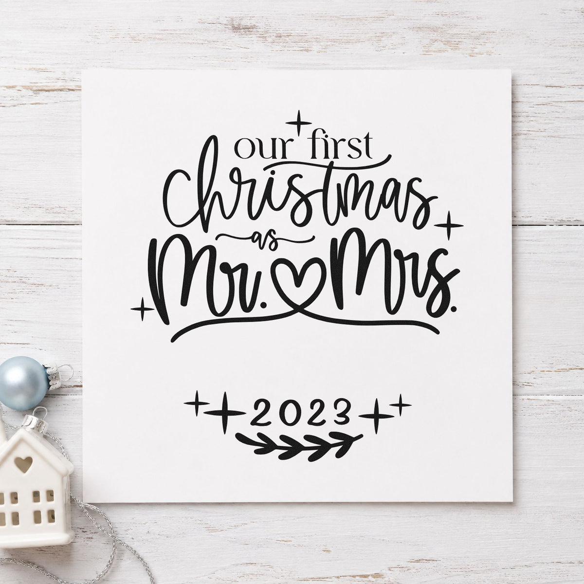 First Christmas Mr And Mrs rubber stamp printed in black ink, ready for mr and mrs cards and similar paper crafts.