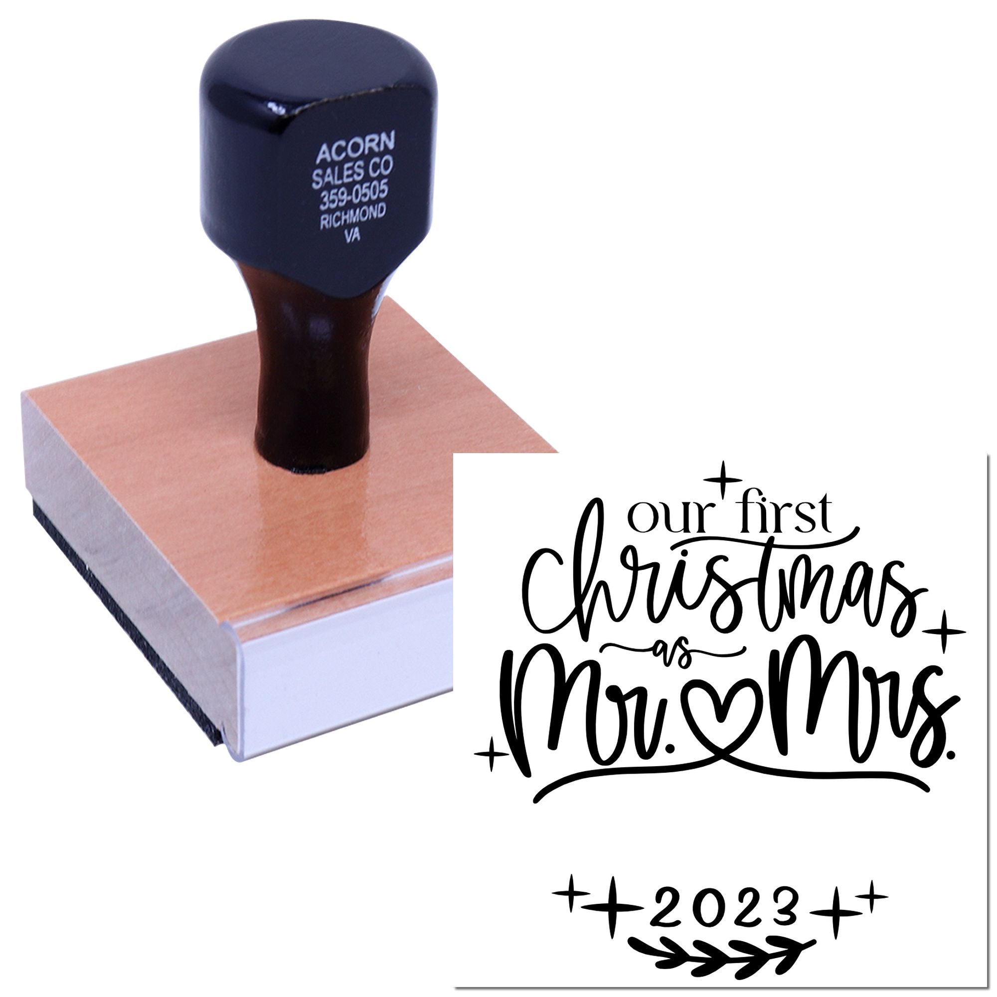 Custom rubber stamp on wood block with Our First Christmas as Mr. & Mrs. 2023 holiday wedding design.