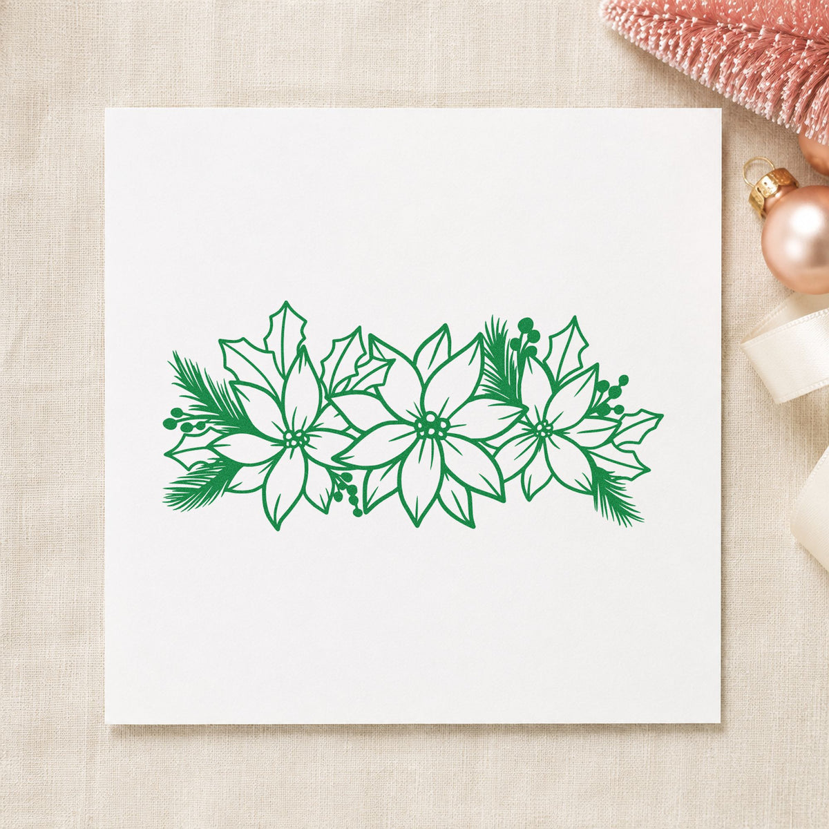 Poinsettia And Holly Arrangement craft stamp imprinted in green ink on paper, a design suited to framed wide panel.