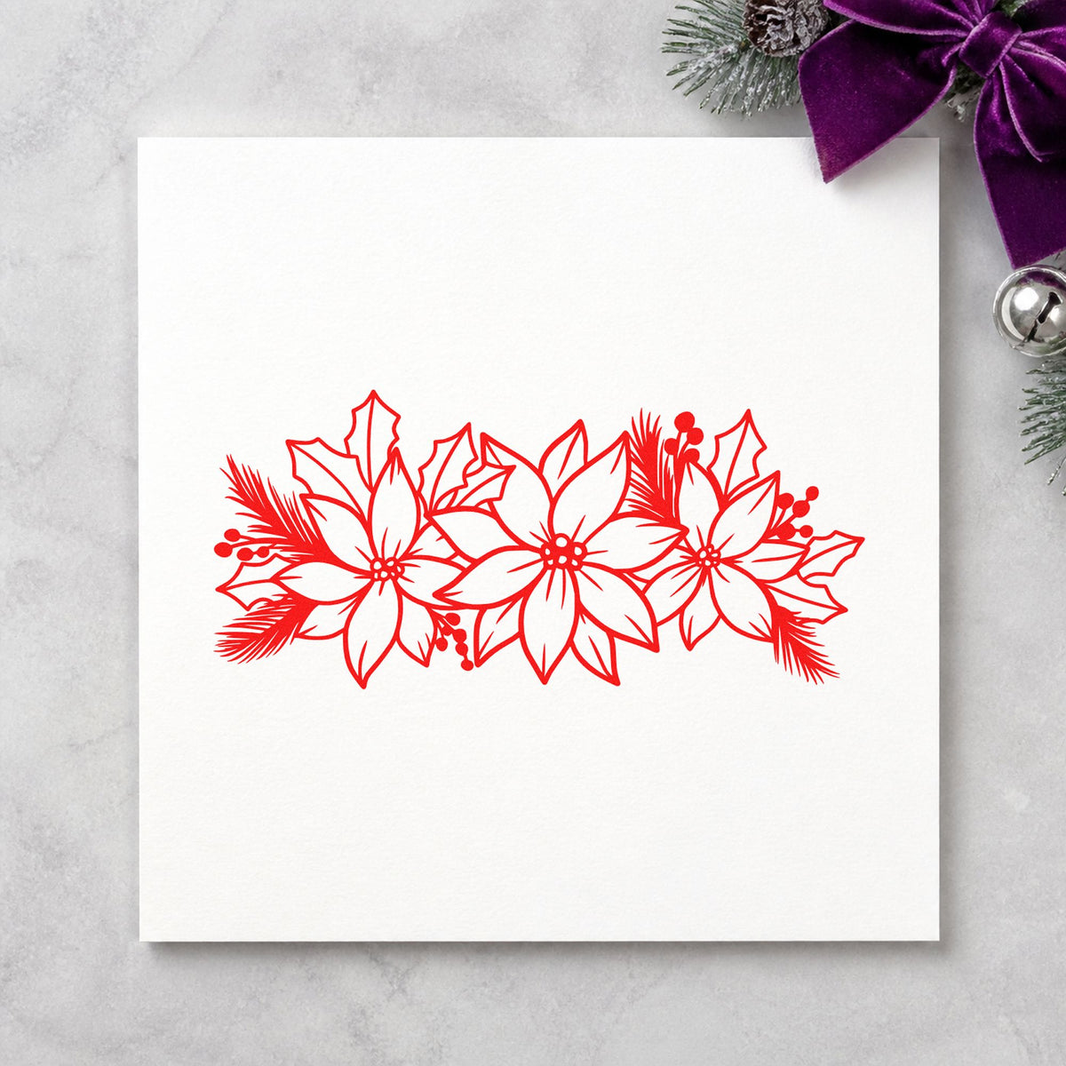 Poinsettia And Holly Arrangement rubber stamp shown in red ink, stamped for projects such as vase box labels.