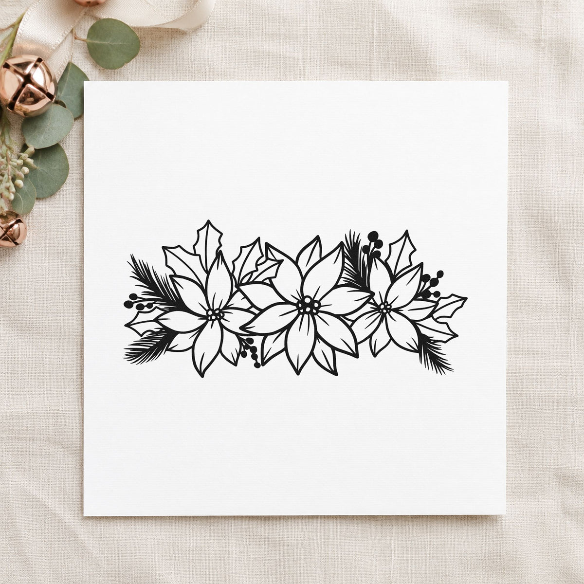 Poinsettia And Holly Arrangement rubber stamp printed in black ink, ready for poinsettia row cards and similar paper crafts.