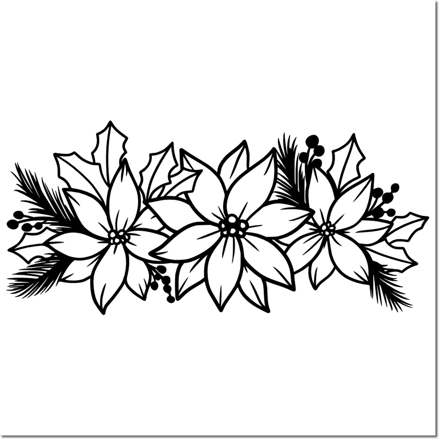Christmas poinsettia floral border rubber stamp design with holly, pine branches, and berries for holiday crafts.