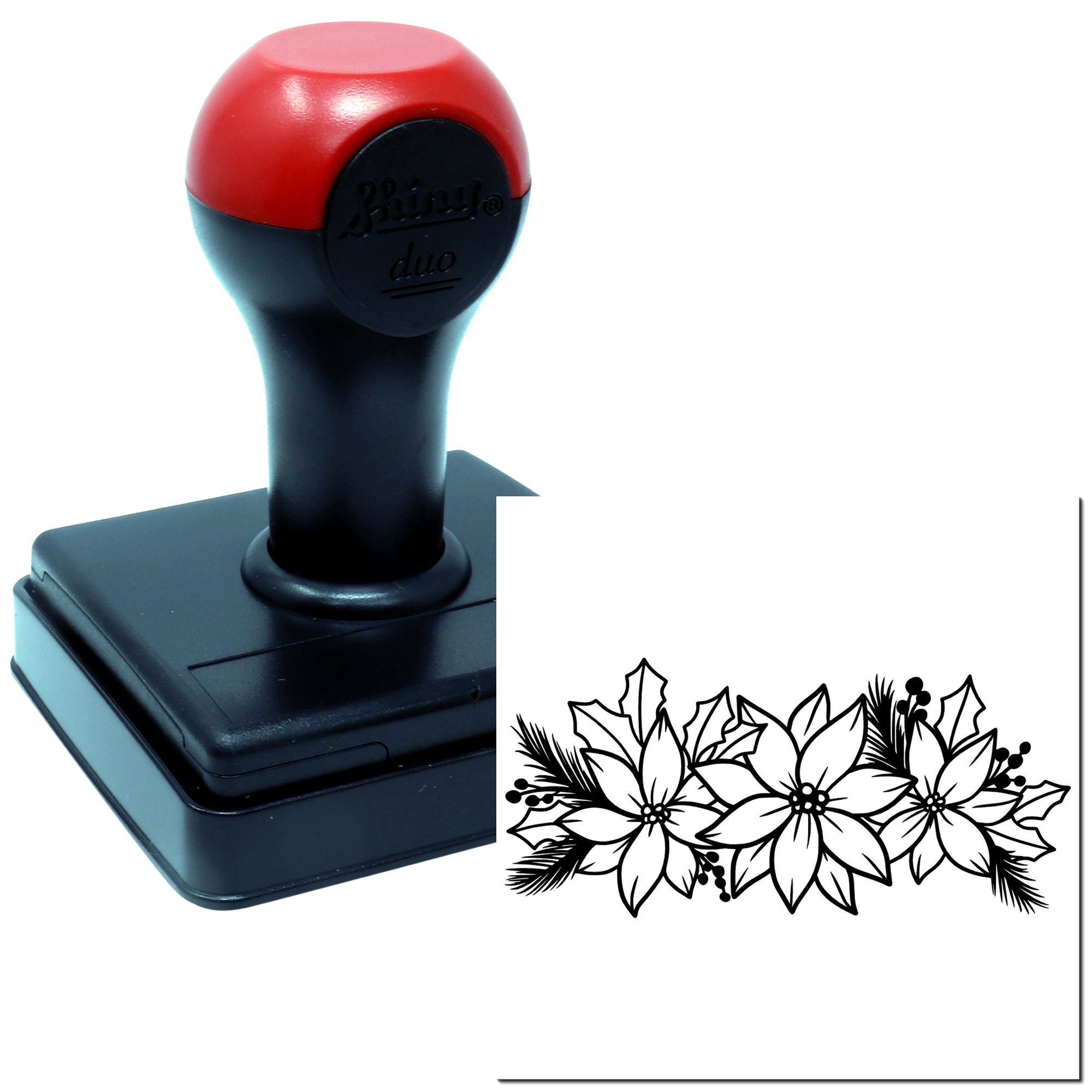 Self-inking rubber stamp with poinsettia floral border for holiday cards, crafts, and custom stamping.
