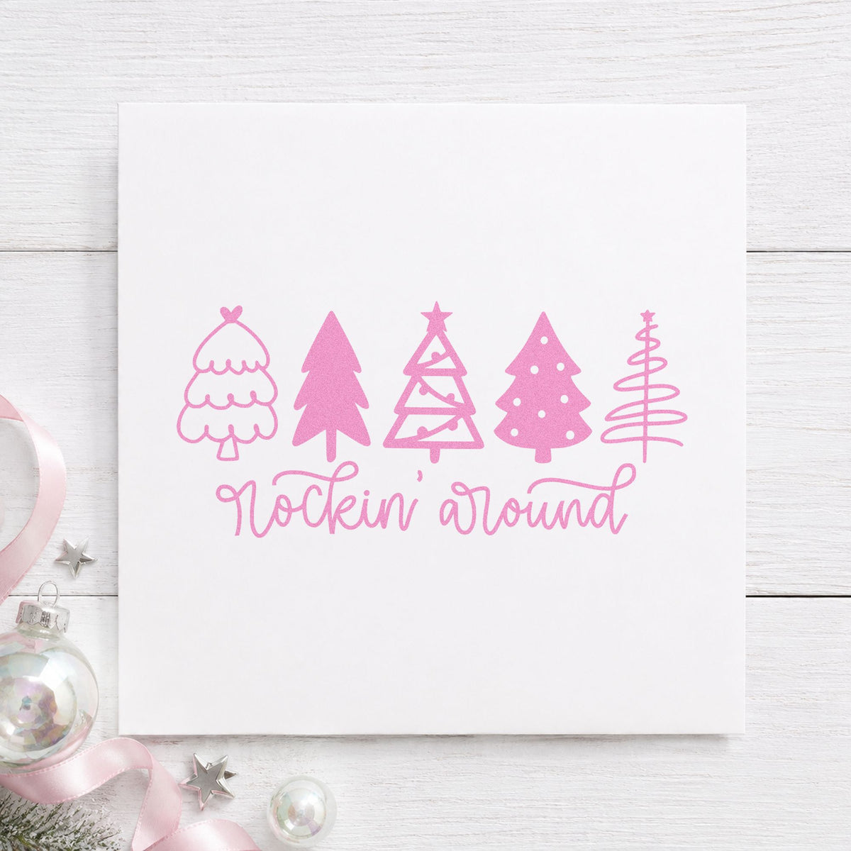 Rockin Around Christmas Trees craft stamp in purple ink on cardstock, an easy option for vintage album page.