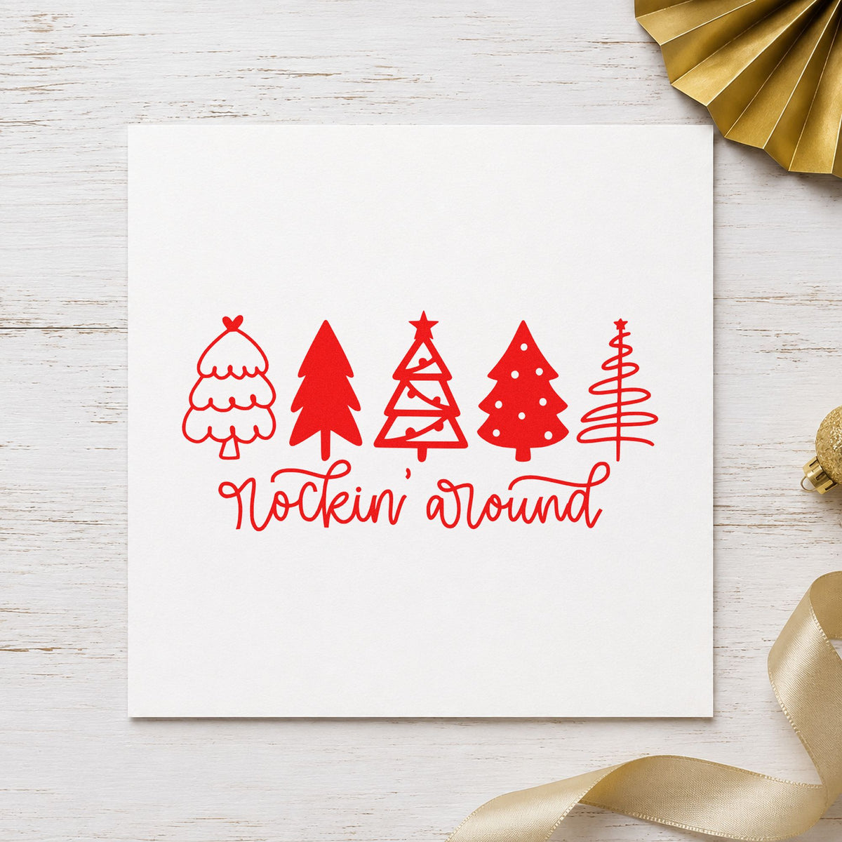 Rockin Around Christmas Trees rubber stamp shown in red ink, stamped for projects such as ornament box labels.