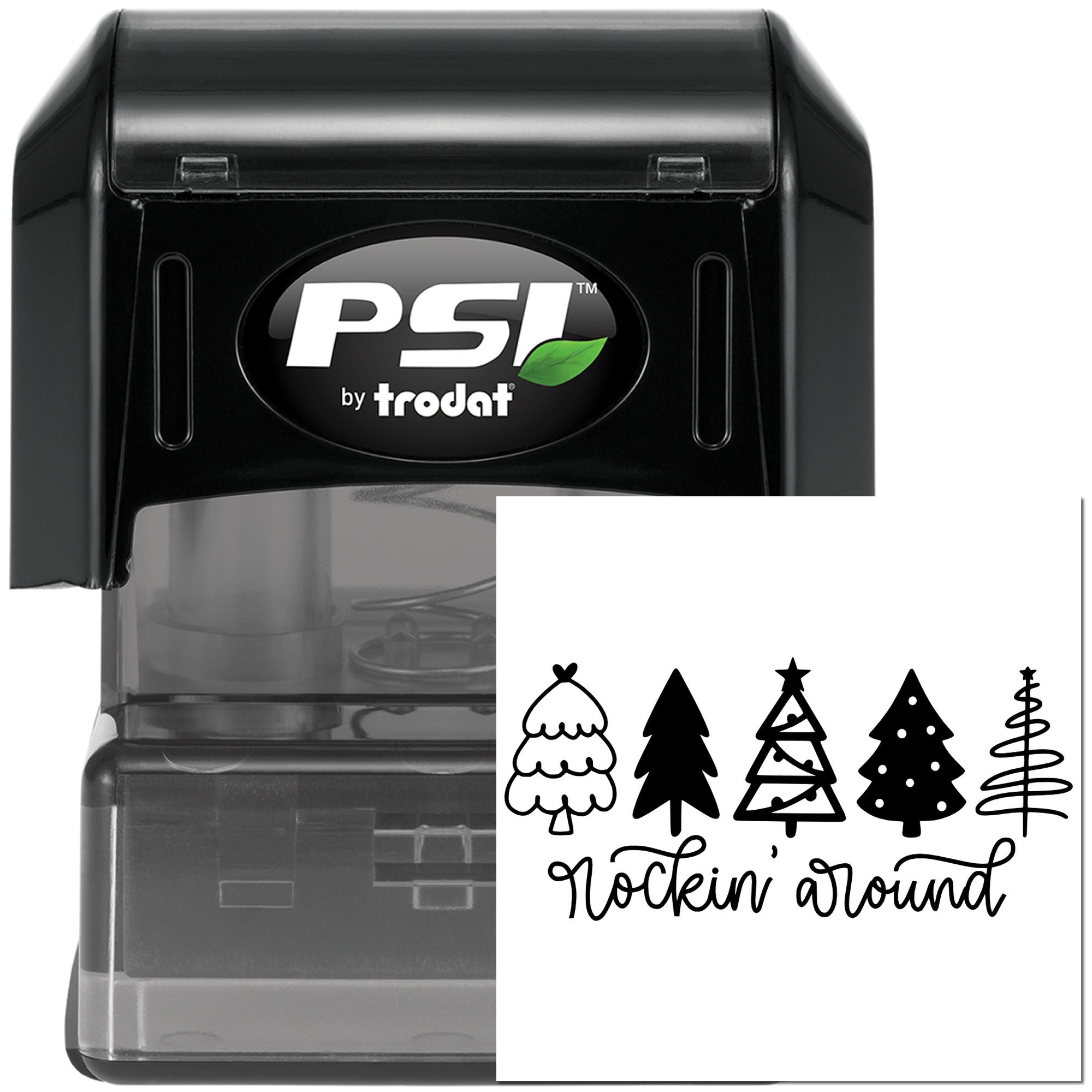 PSI by Trodat self-inking rubber stamp with Christmas tree design and Rockin Around sentiment for holiday crafts