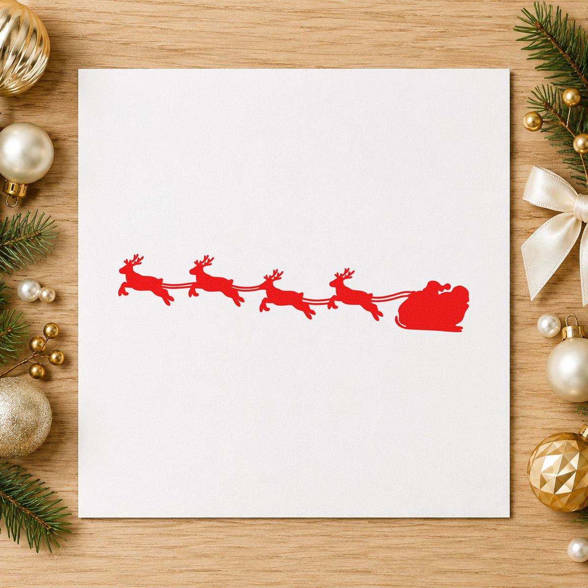 Santa Sleigh Reindeer Silhouette rubber stamp shown in red ink, stamped for projects such as crate band labels.
