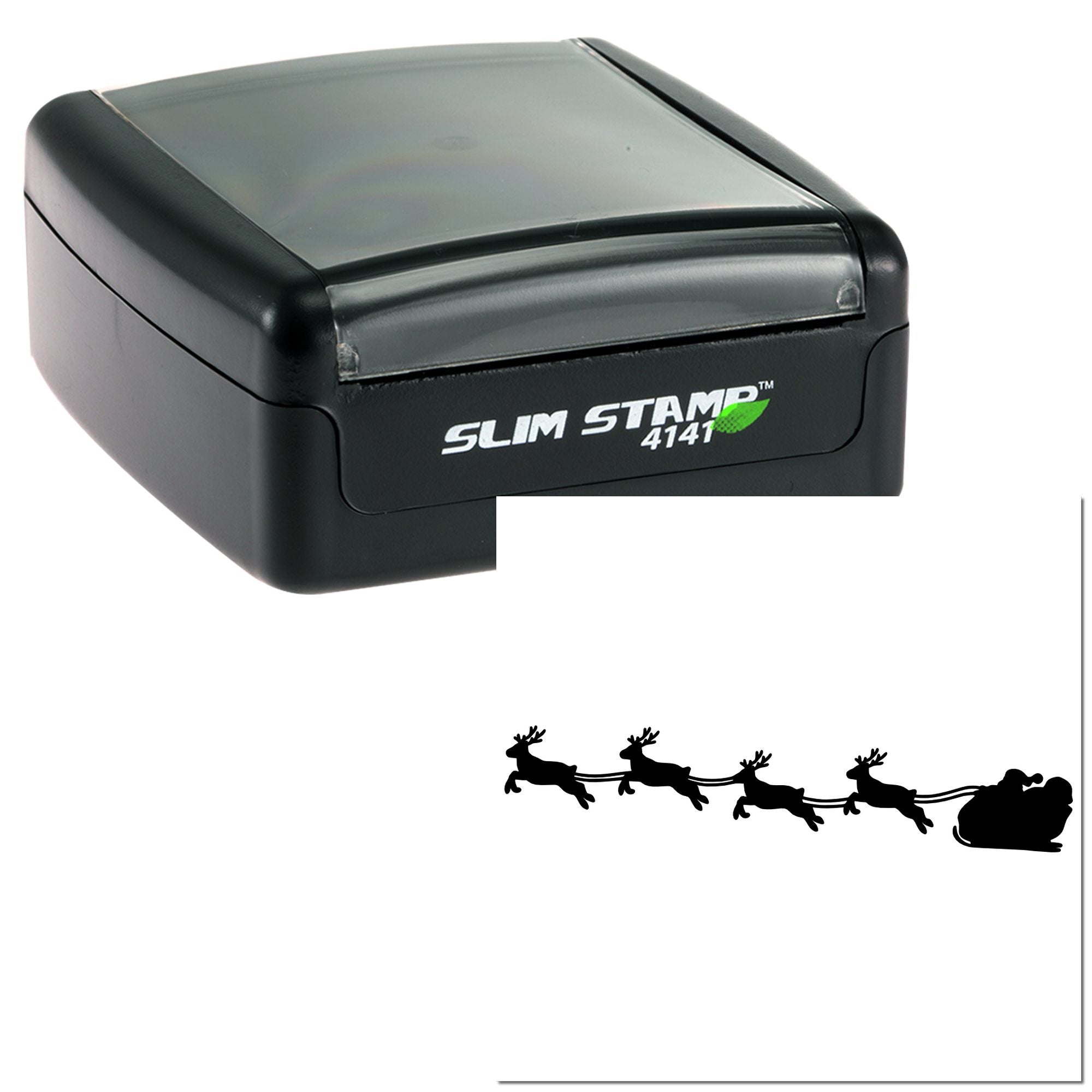 Self-inking rubber stamp, Slim Stamp 4141, with Santa sleigh and reindeer design for holiday cards and mailing.