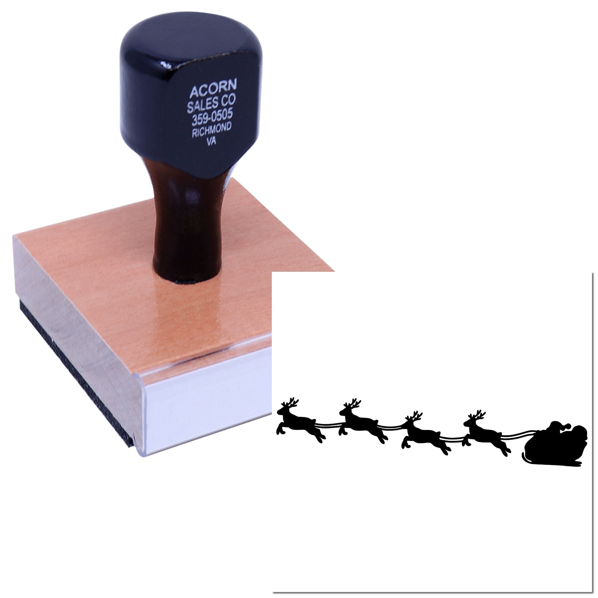 Custom wood handle rubber stamp with Santa sleigh and reindeer design for holiday cards, crafts, and packaging.