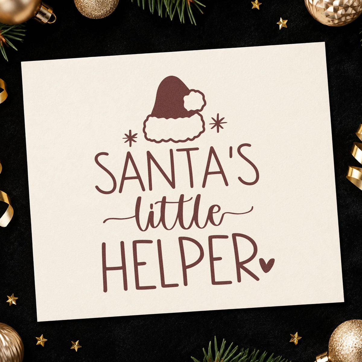 Santa's Little Helper Hat rubber stamp printed in brown ink, ready for chore chart header and similar paper crafts.