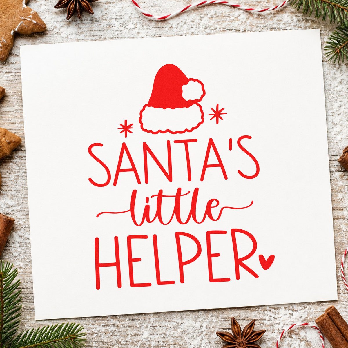 Santa's Little Helper Hat craft stamp in red ink on cardstock, an easy option for child apron printing.