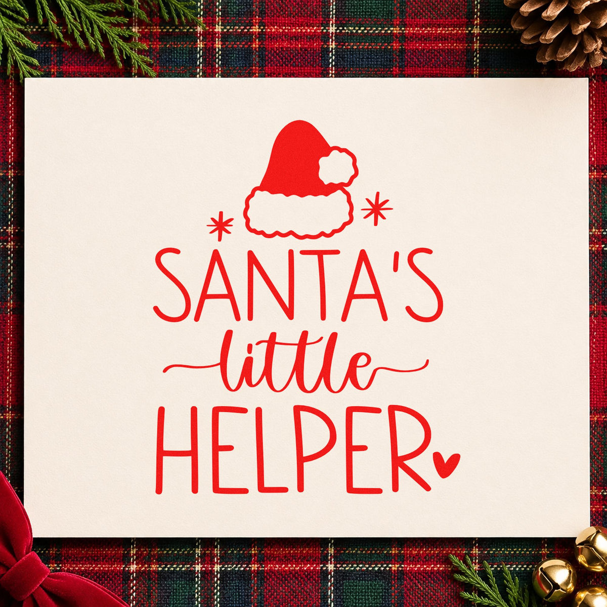 Santa's Little Helper Hat rubber stamp shown in red ink, stamped for projects such as supply caddy labels.
