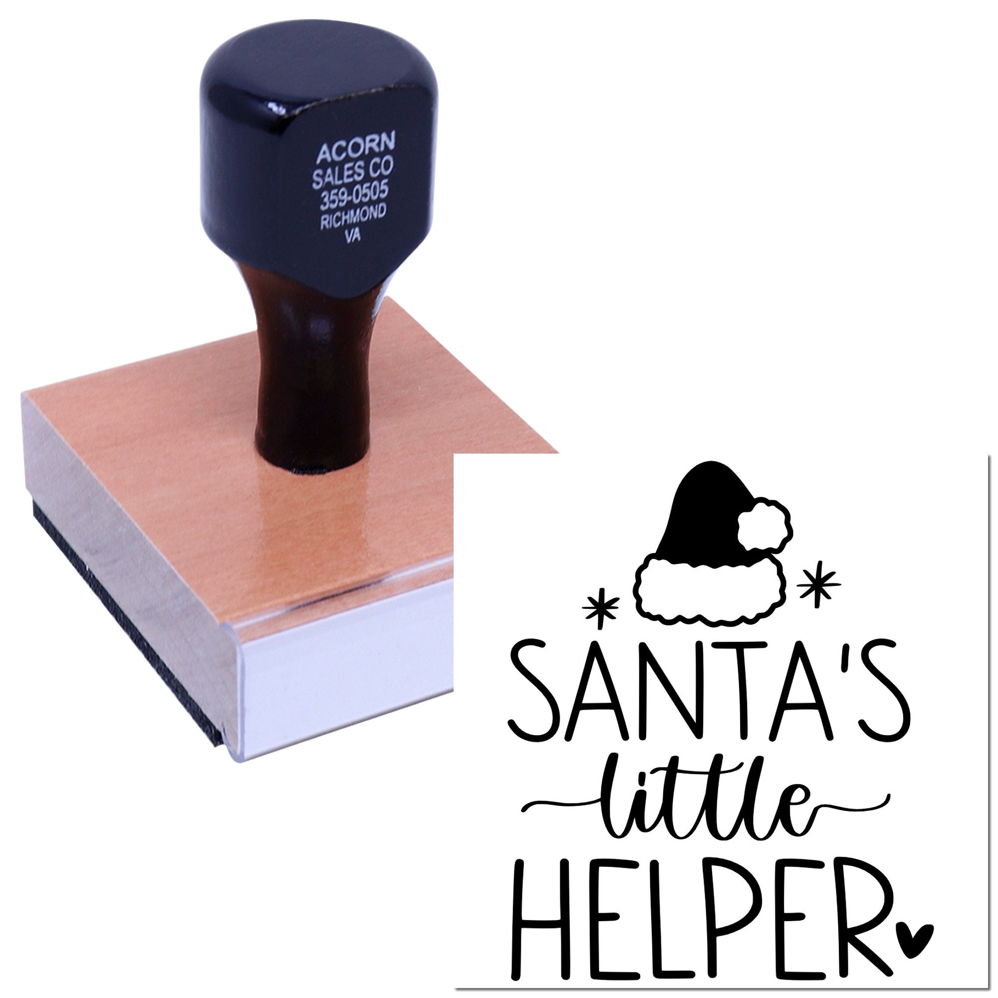 Santas Little Helper rubber stamp with holiday design for gift tags, packaging, and festive crafts.