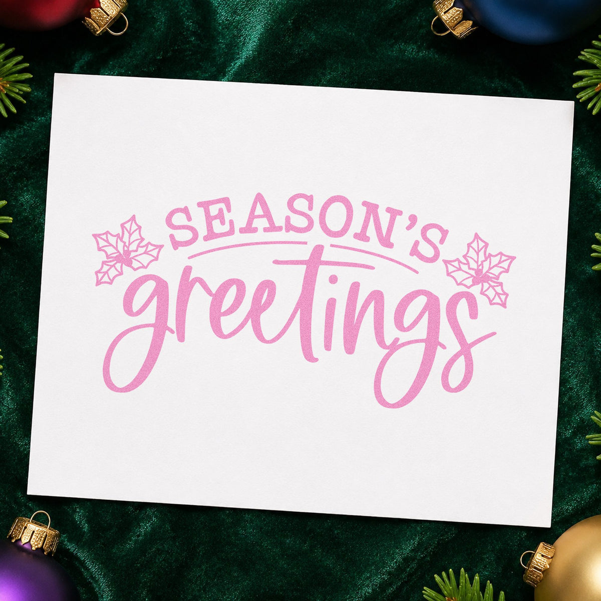 Season's Greetings Holly craft stamp in purple ink on cardstock, an easy option for proof book album page.