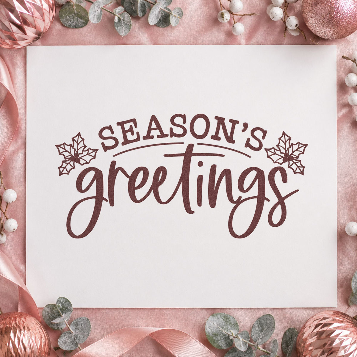 Season's Greetings Holly rubber stamp printed in brown ink, ready for print order sheet and similar paper crafts.