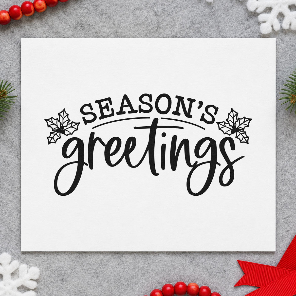 Season's Greetings Holly rubber stamp printed in black ink, ready for seasons greetings cards and similar paper crafts.