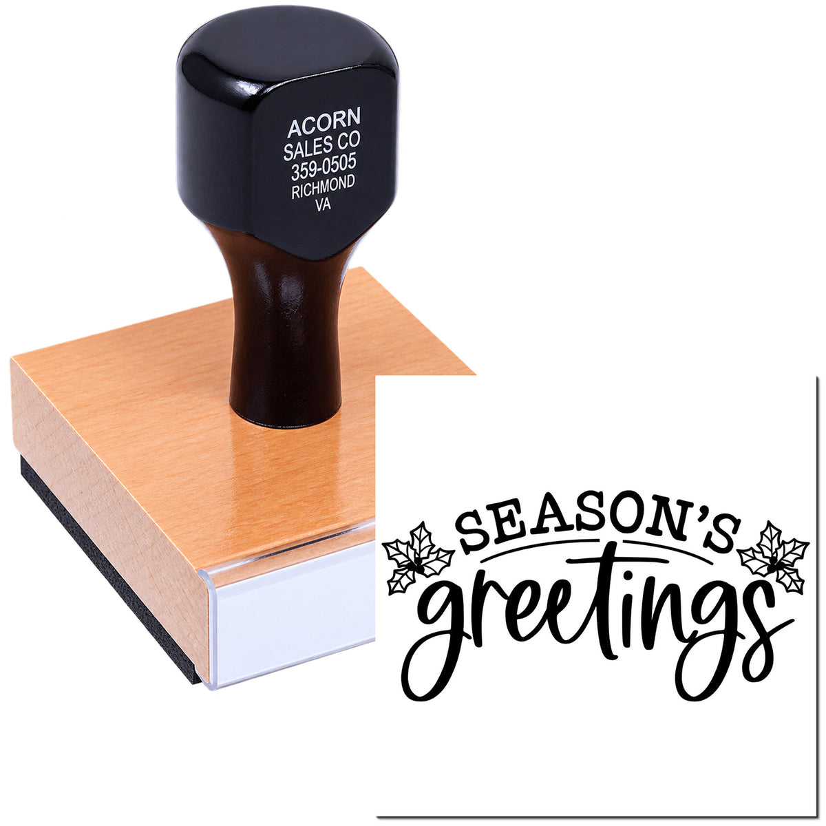 Personalized rubber stamp with wood handle printing company details and a Seasons Greetings holiday design with holly accents.
