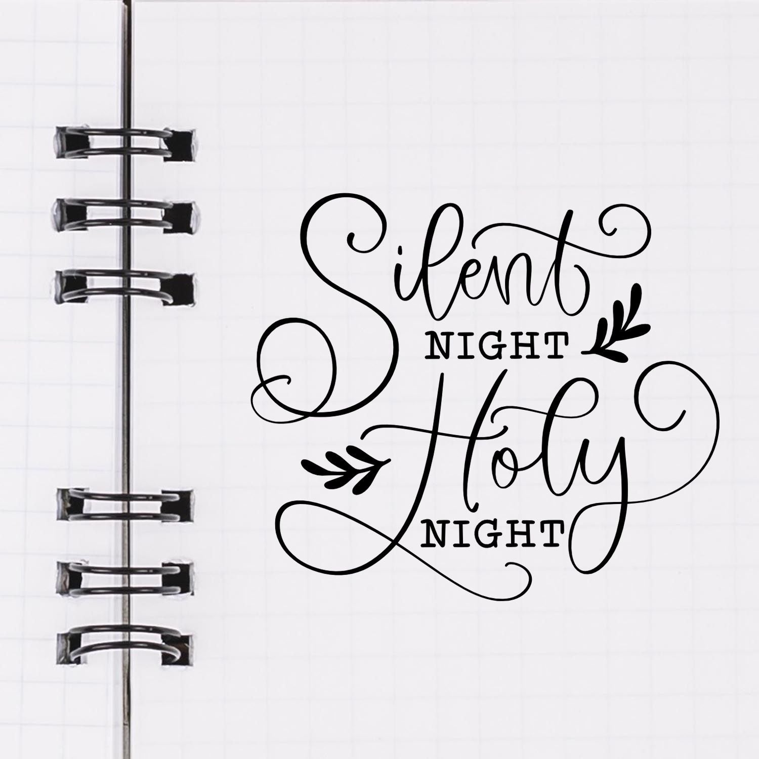 Silent Night Holy Night rubber stamp design for Christmas crafts, featuring elegant script and festive holiday lettering.