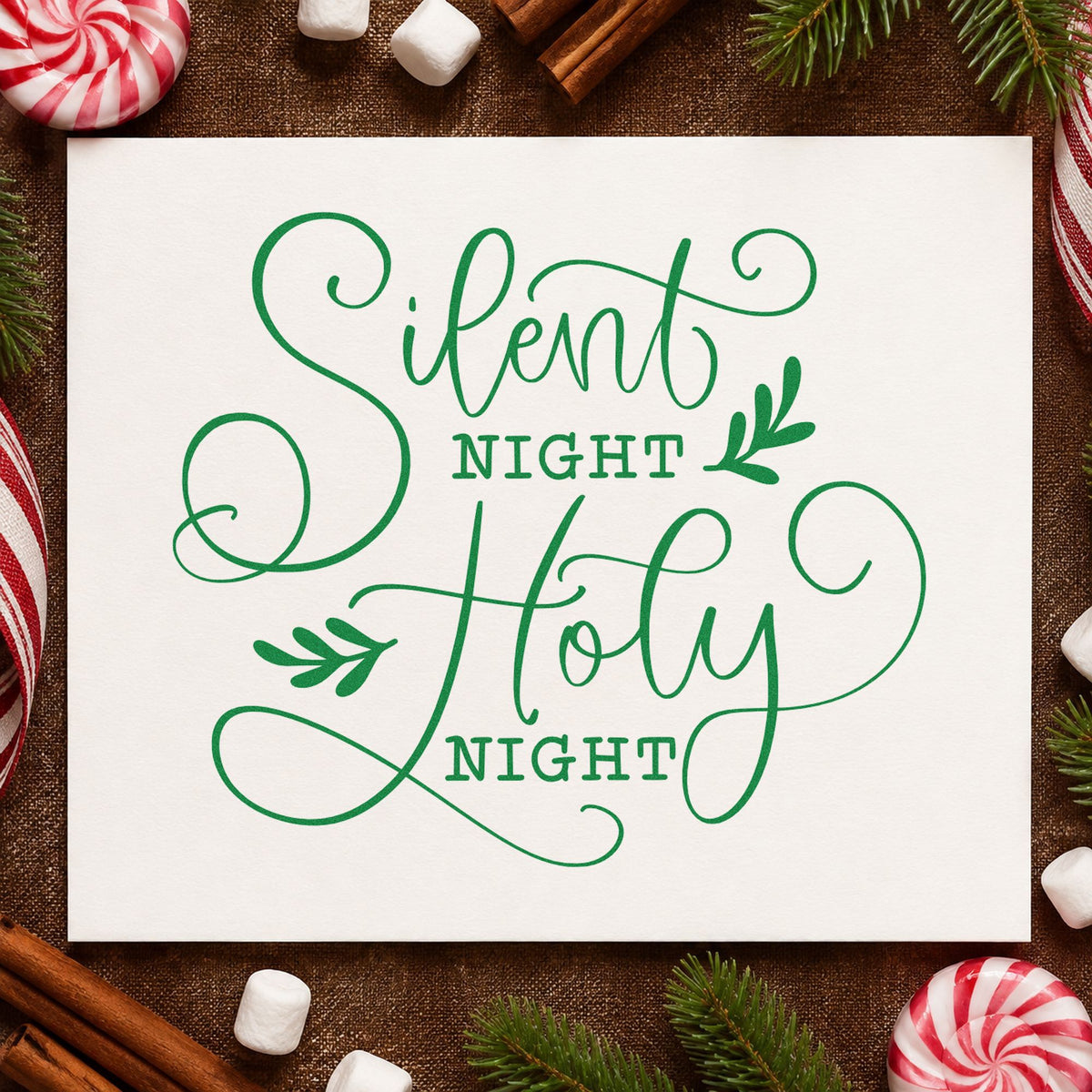 Silent Night Holy Night Leaf Accents Rubber Stamp – Wood Handle in use 3