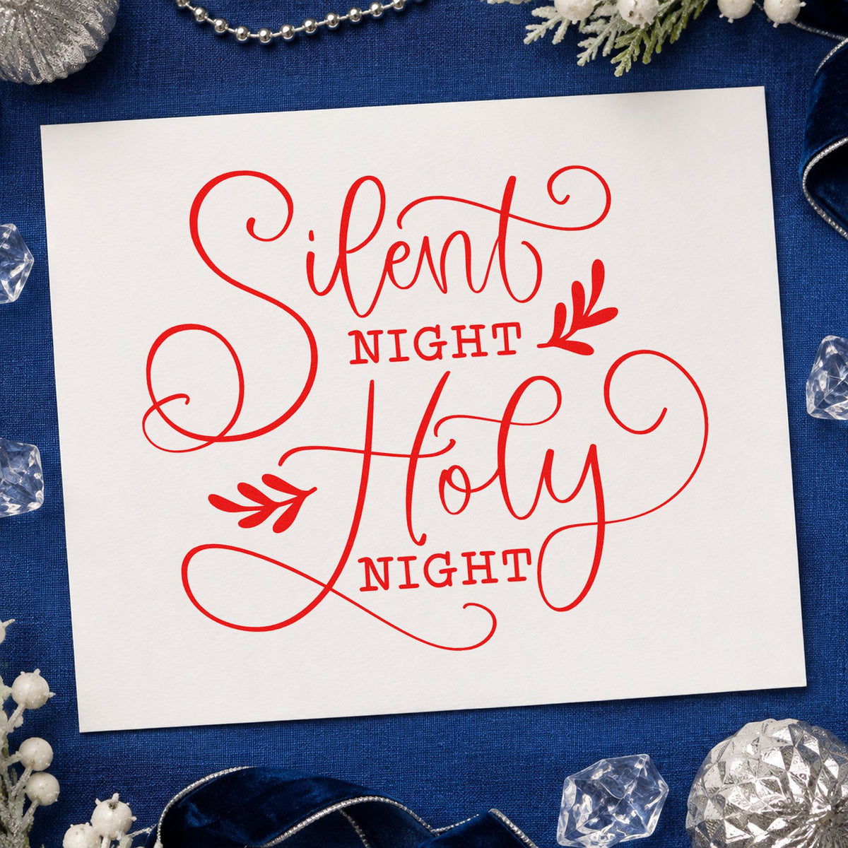 Silent Night Holy Night rubber stamp shown in red ink, stamped for projects such as care bag seals.