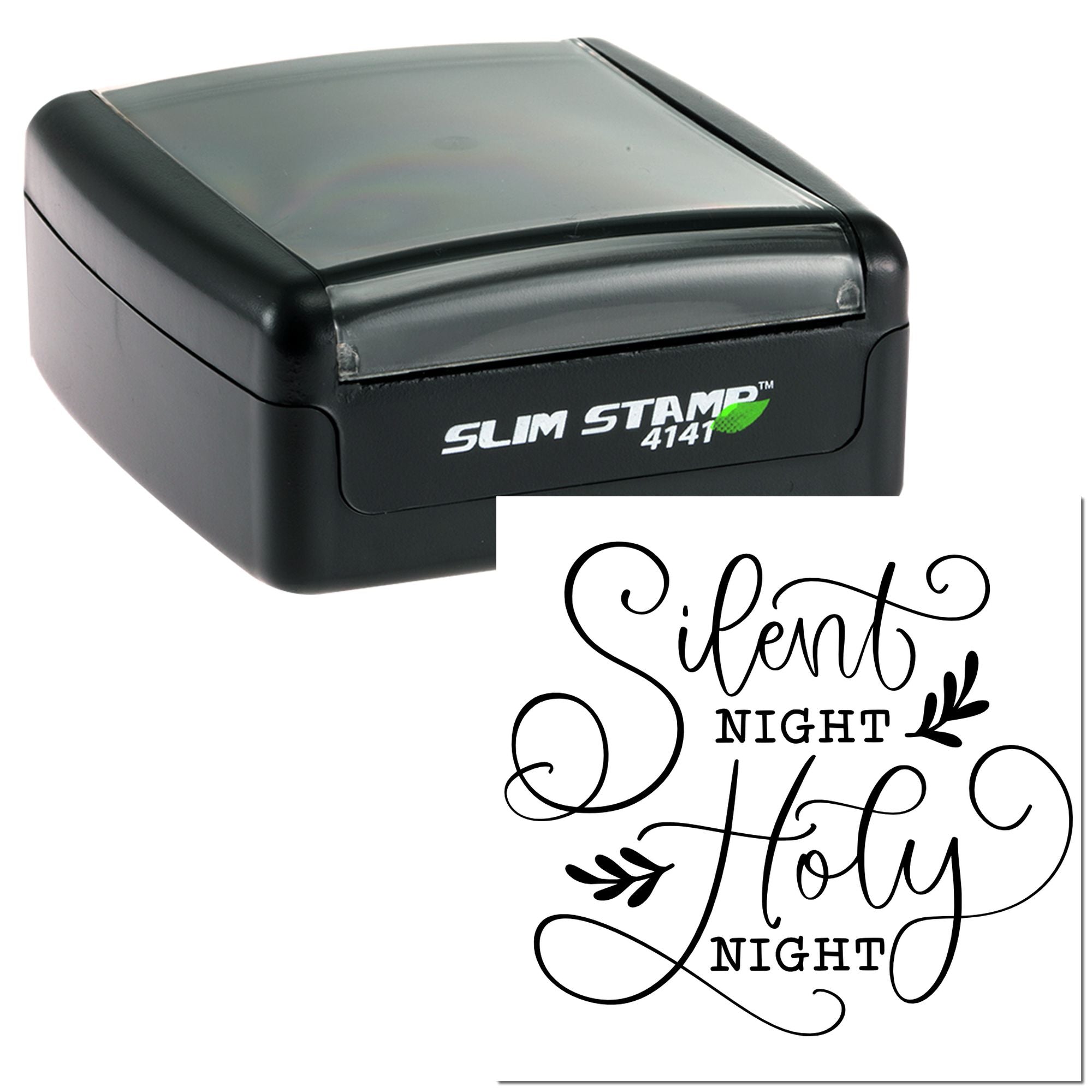Self-inking rubber stamp with custom Silent Night Holy Night holiday sentiment design for Christmas cards and crafts.