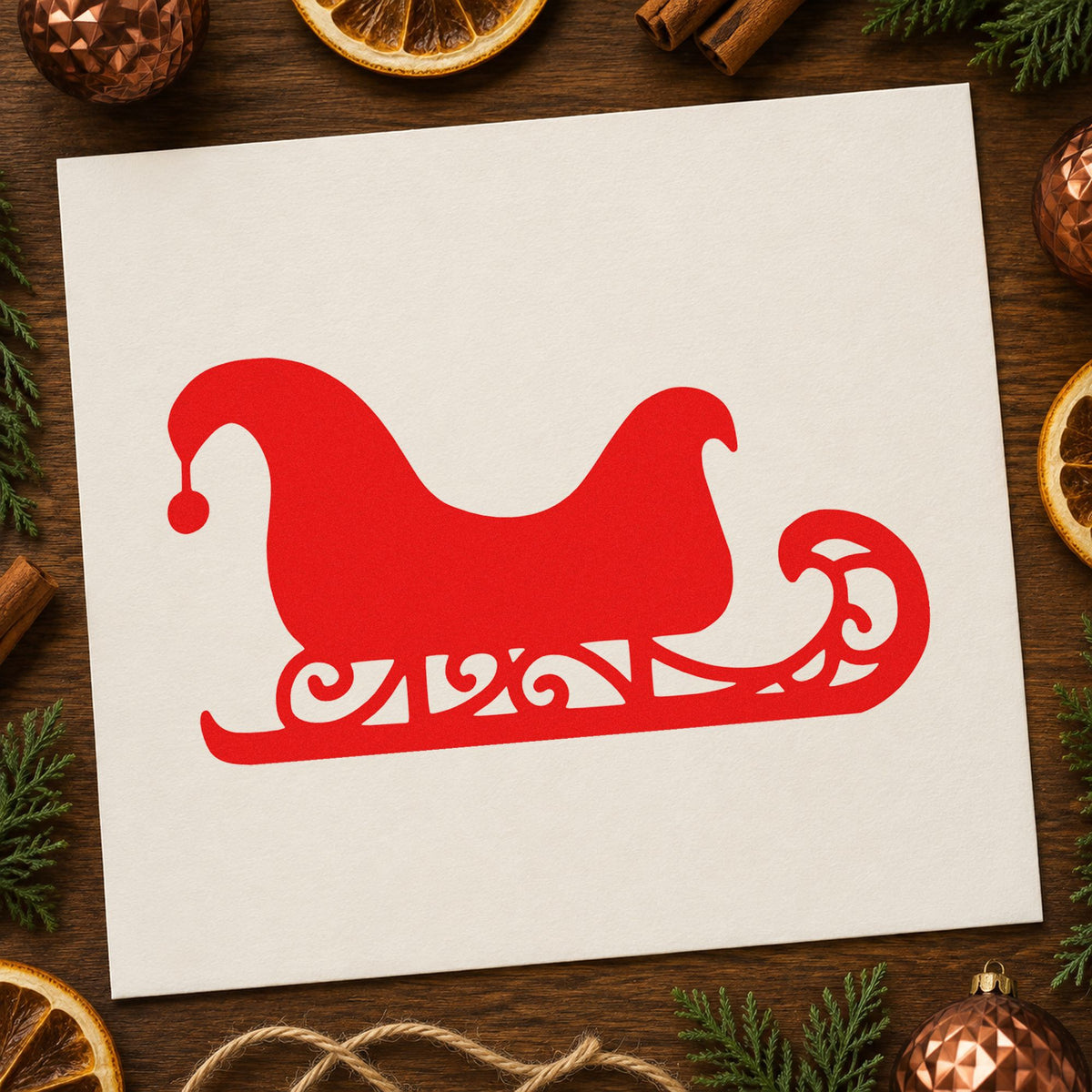 Decorative Santa Sleigh craft stamp in red ink on cardstock, an easy option for stocking toe printing.