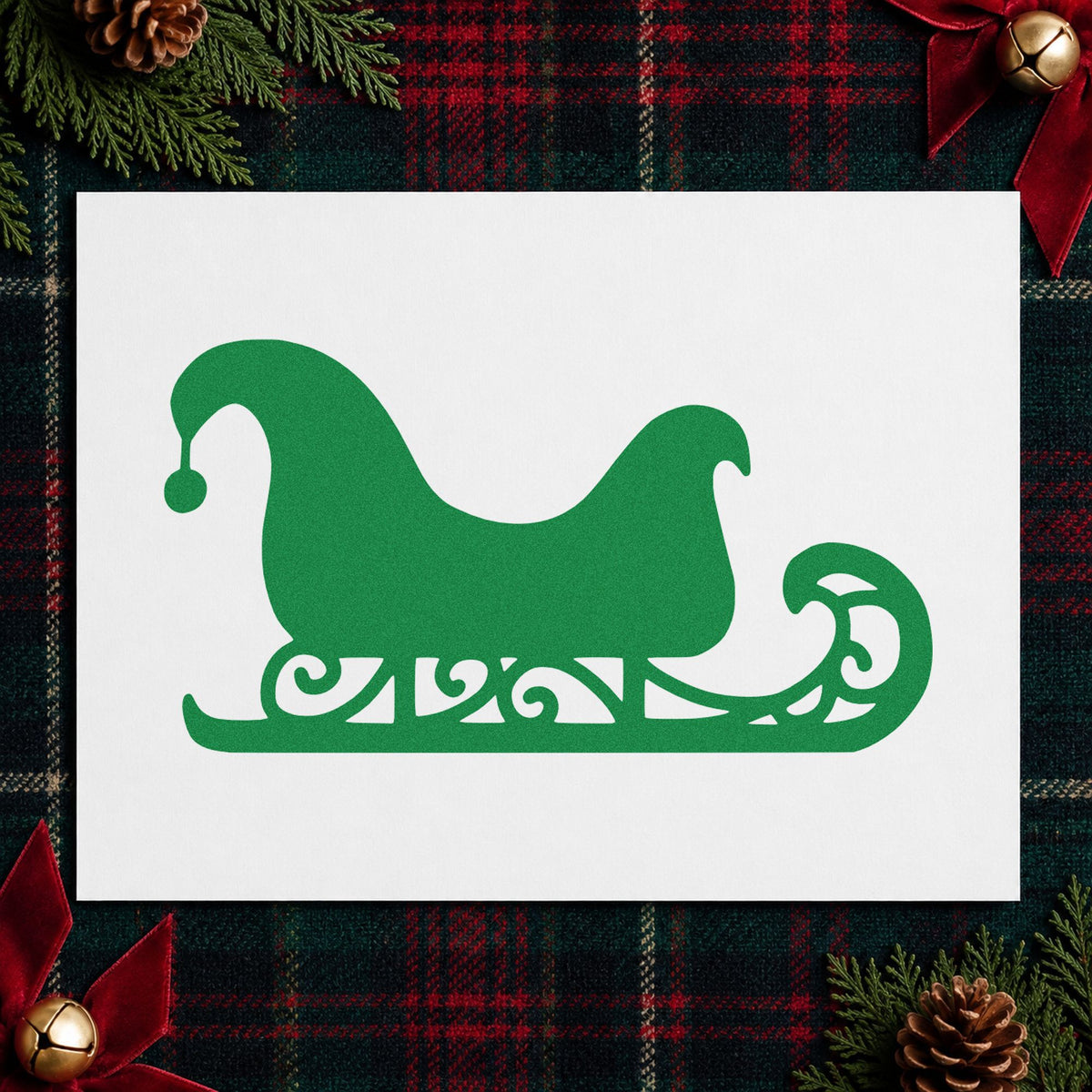 Decorative Santa Sleigh craft stamp imprinted in green ink on paper, a design suited to framed shadow print.