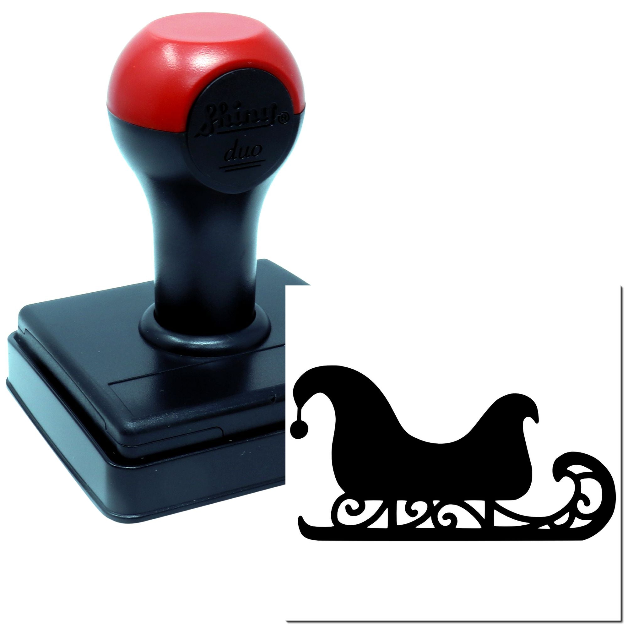 Custom rubber stamp with decorative sleigh silhouette impression for holiday crafting and branding