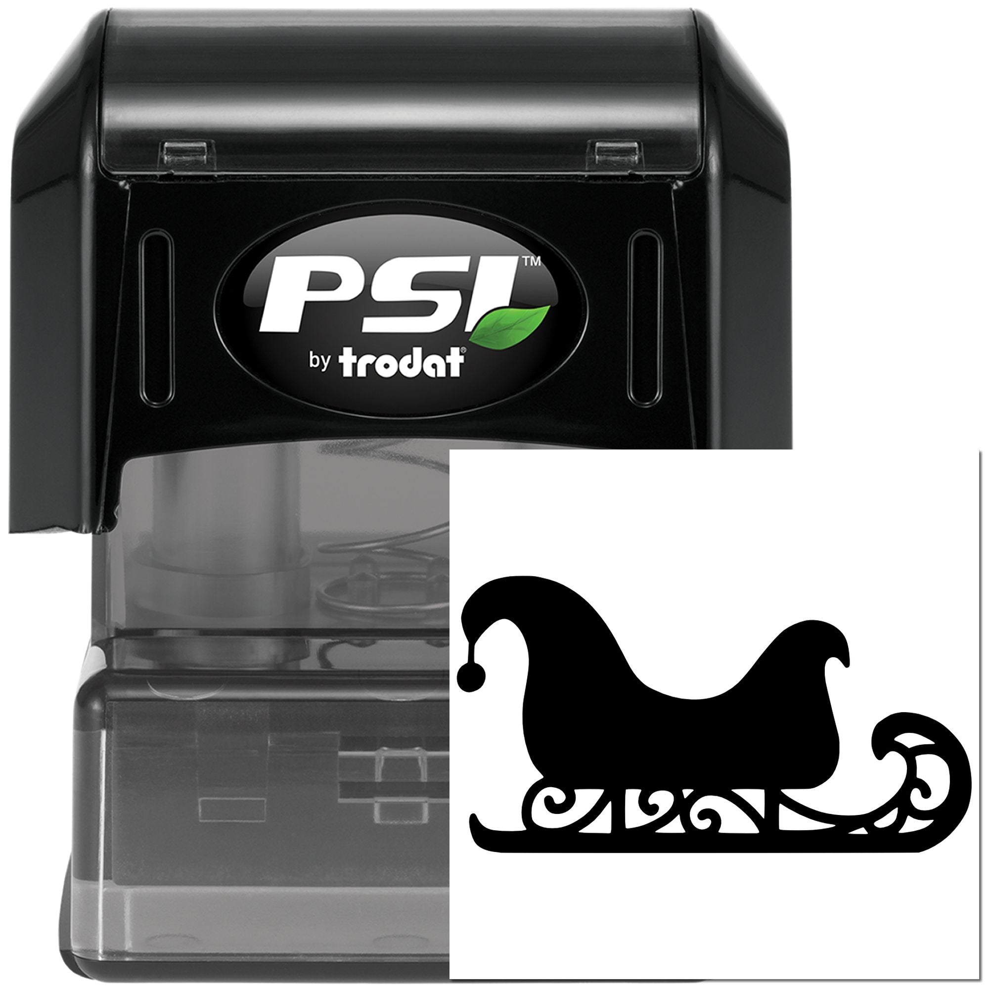 PSI by Trodat self-inking rubber stamp with ornate sleigh design, ideal for custom holiday crafts and packaging.