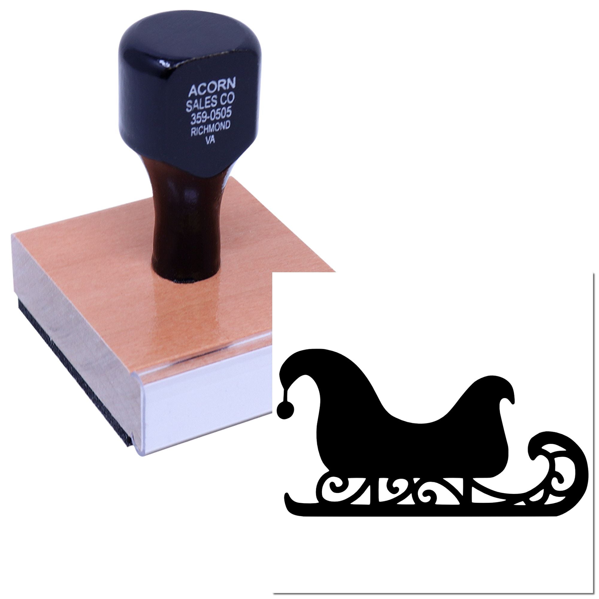 Custom holiday rubber stamp with sleigh design on wooden block, ideal for Christmas cards and crafting.