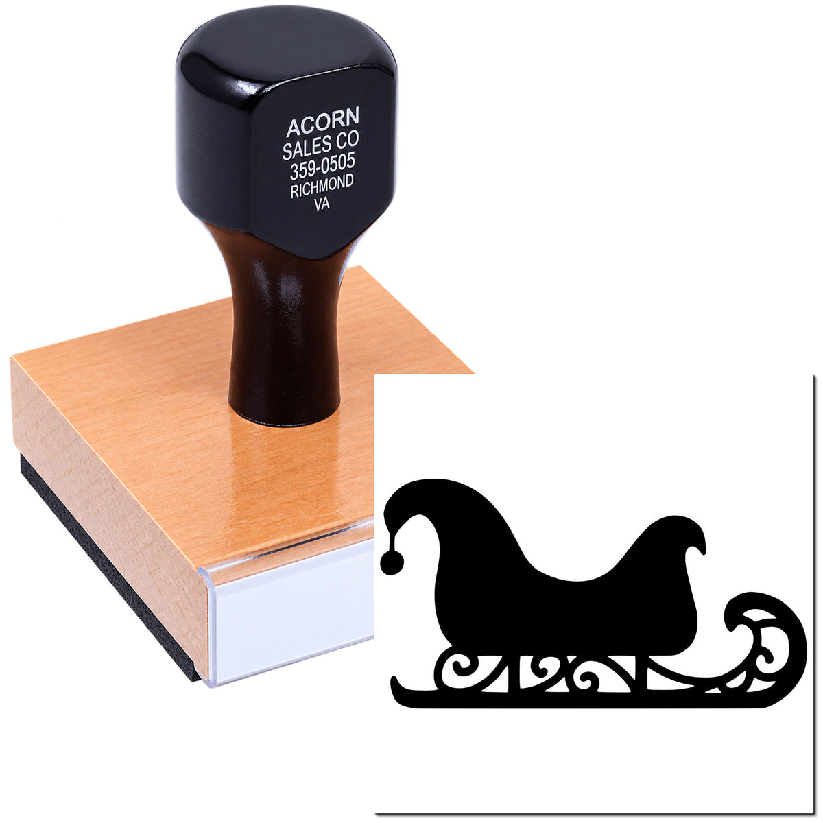 Custom holiday rubber stamp with sleigh design on wooden block, ideal for Christmas cards and crafting.