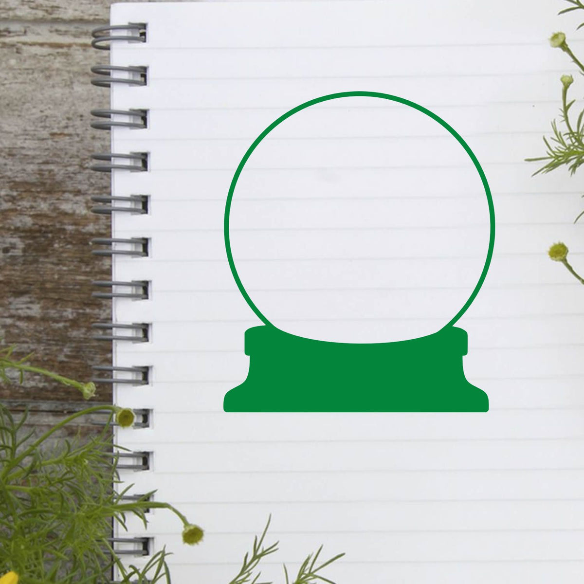 Empty Snow Globe Outline rubber stamp shown in green ink, stamped for projects such as photo insert album.