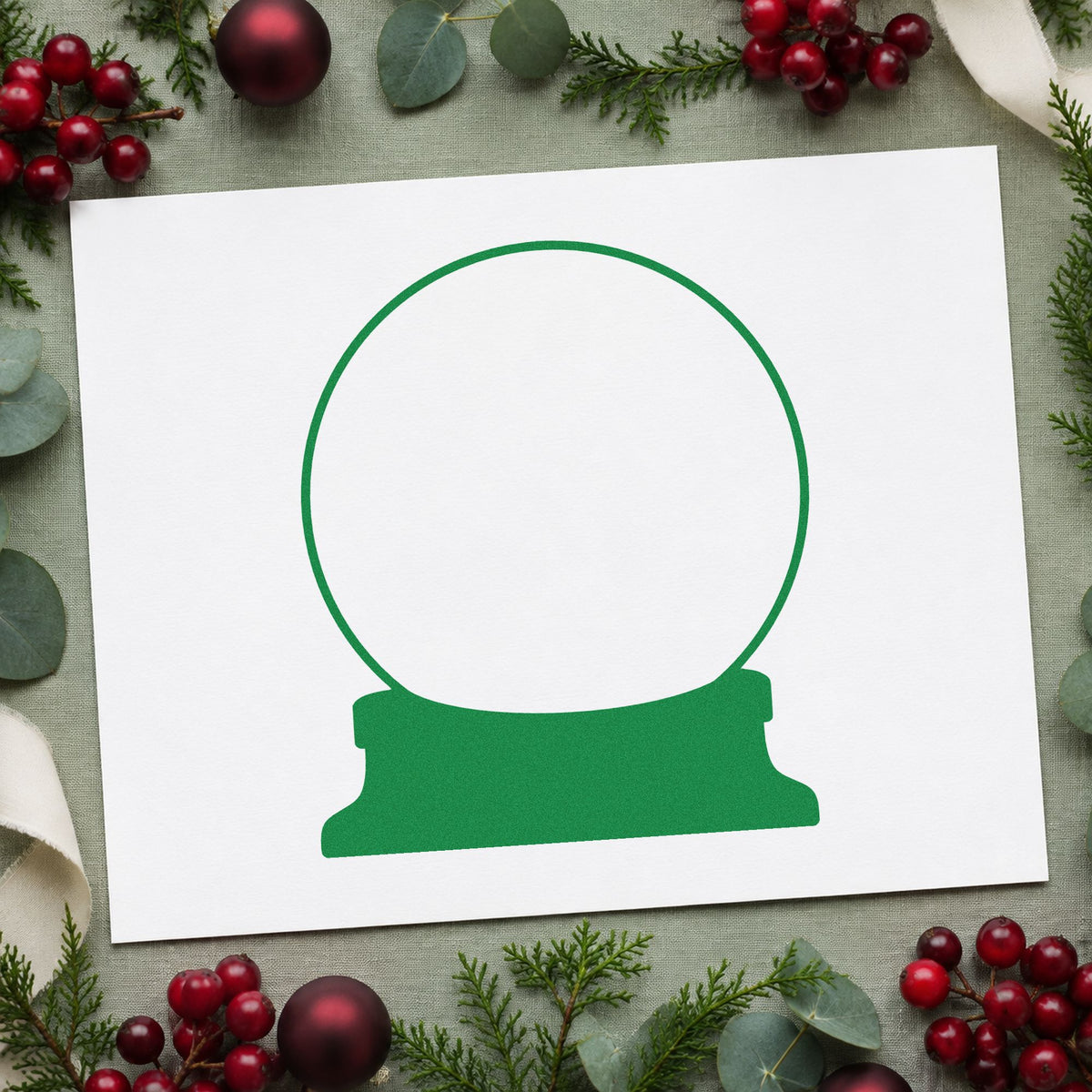 Empty Snow Globe Outline craft stamp imprint in green ink on a handmade project, one idea being write in gift tags.