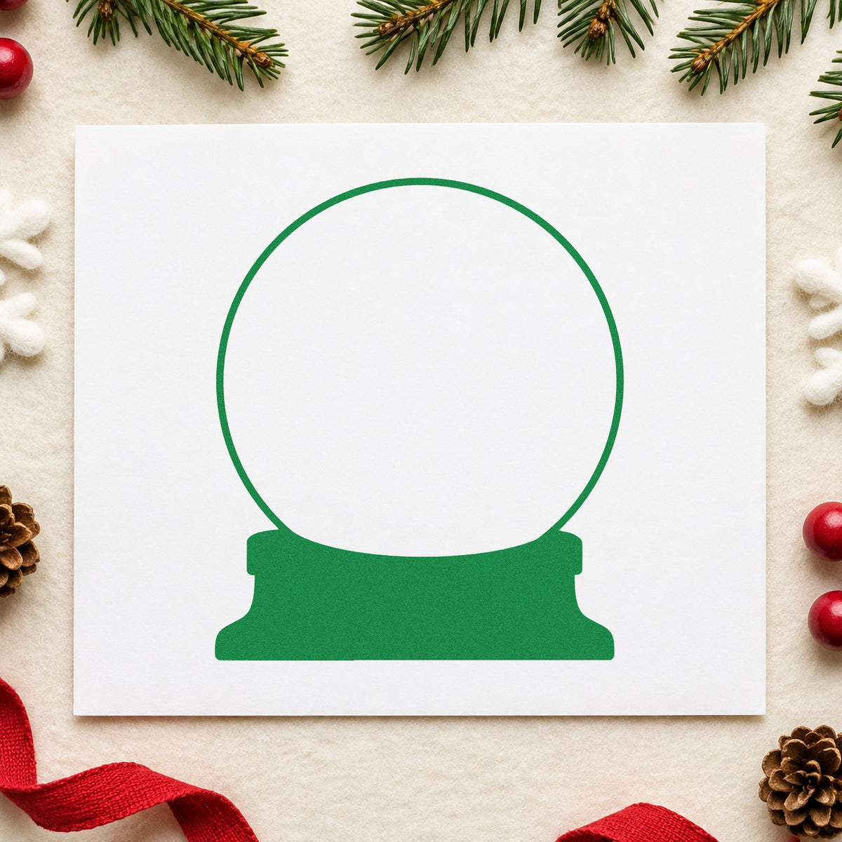 Empty Snow Globe Outline craft stamp imprint in green ink on a handmade project, one idea being guest place rounds.