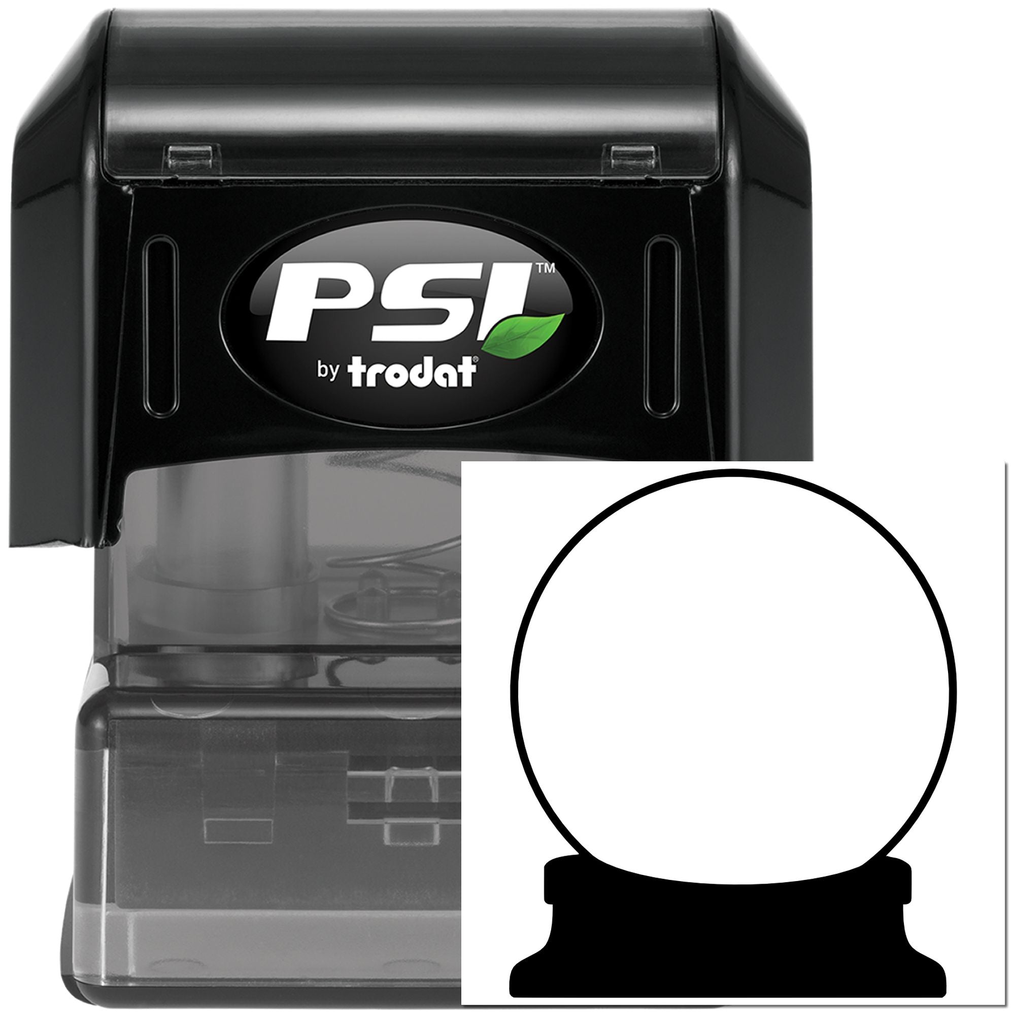 PSI by Trodat self-inking rubber stamp with round custom imprint area for logos, business branding, and office use.