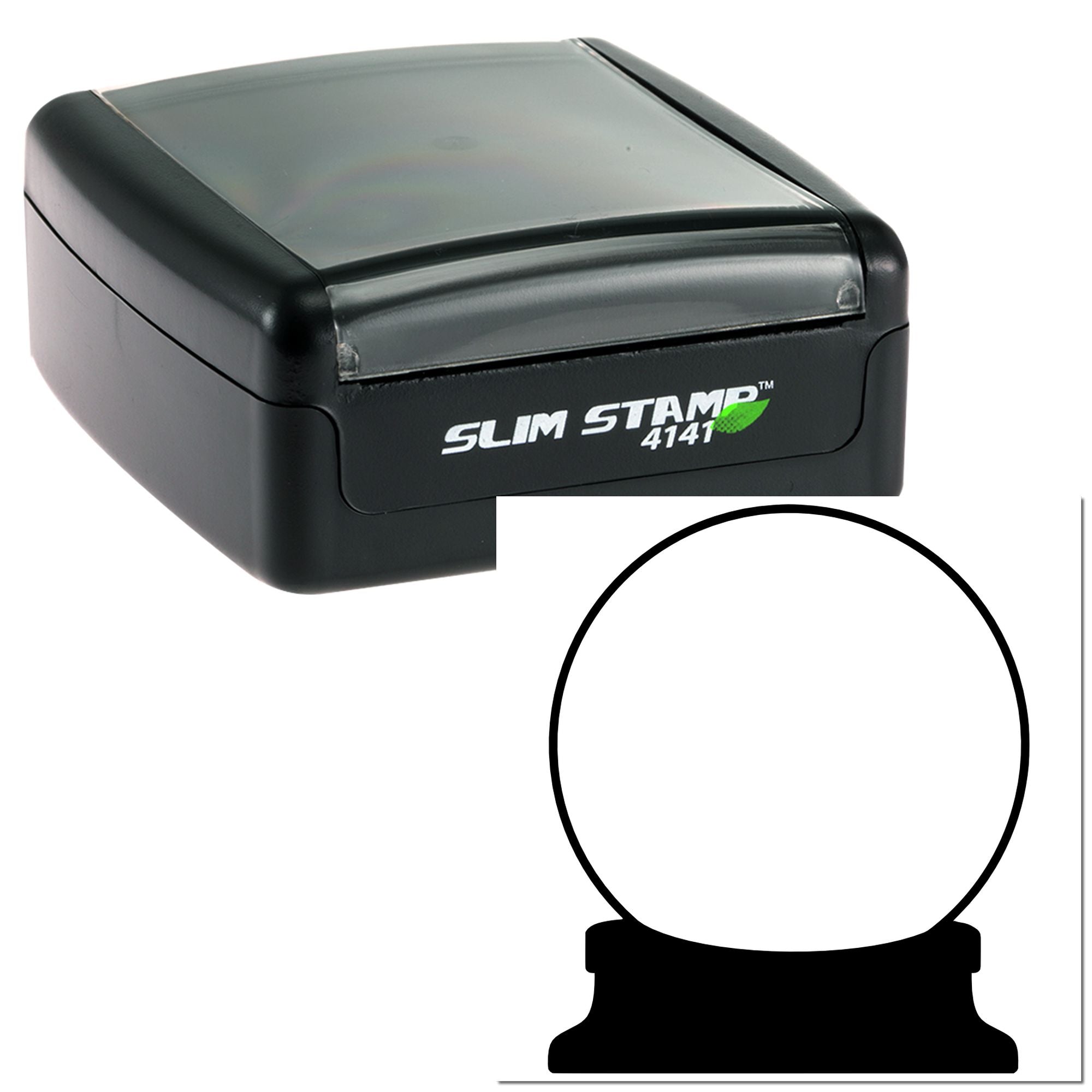 Slim self-inking round rubber stamp with black case for custom business or address imprinting