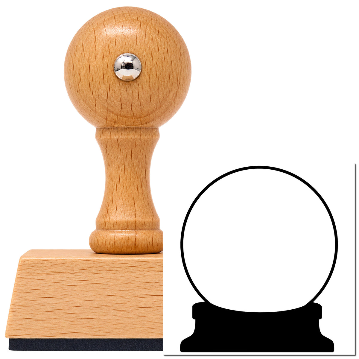 Empty Snow Globe Line Art Vintage Pro rubber stamp in European beech wood with a round knob handle, shown beside its black imprint.