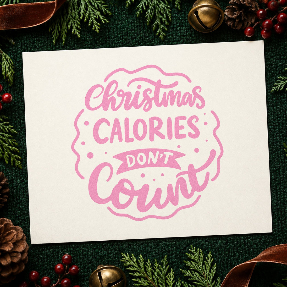 Christmas Calories Don't Count craft stamp in purple ink on cardstock, an easy option for feast album page.