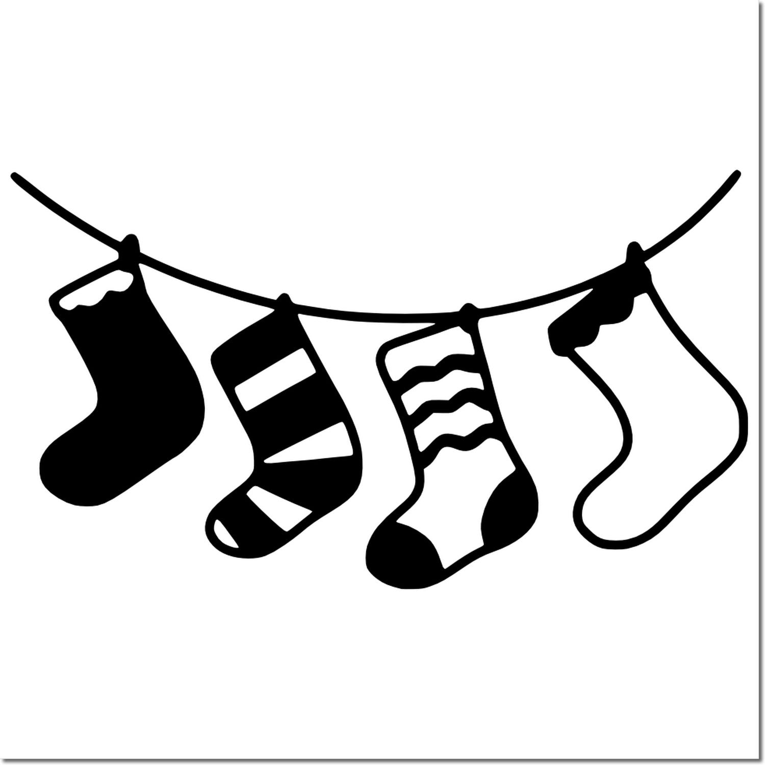 Rubber stamp design of socks hanging on a clothesline, perfect for laundry, winter, or holiday crafting.