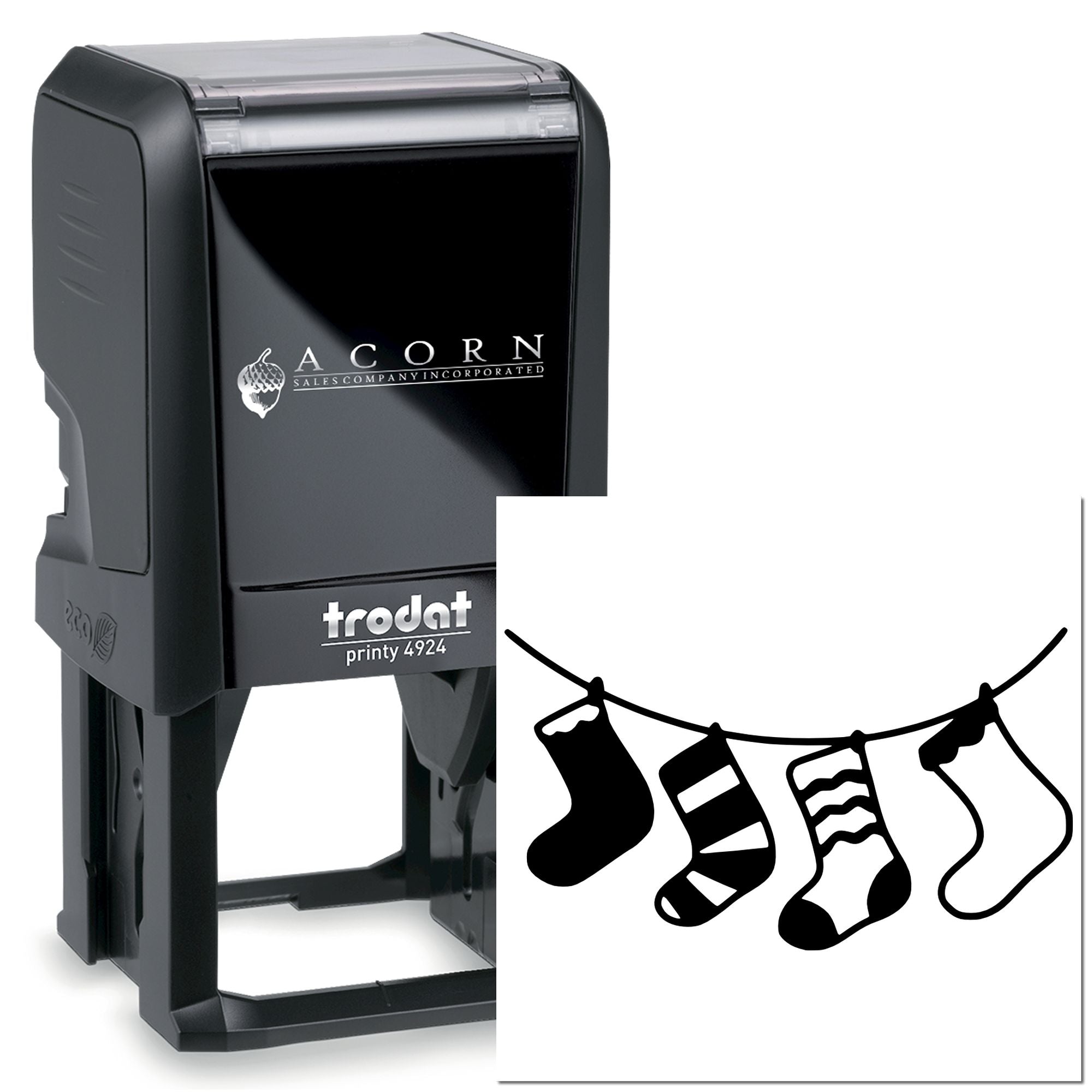 Custom self-inking rubber stamp, Trodat Printy 4924, with Acorn logo and holiday stocking design imprint.
