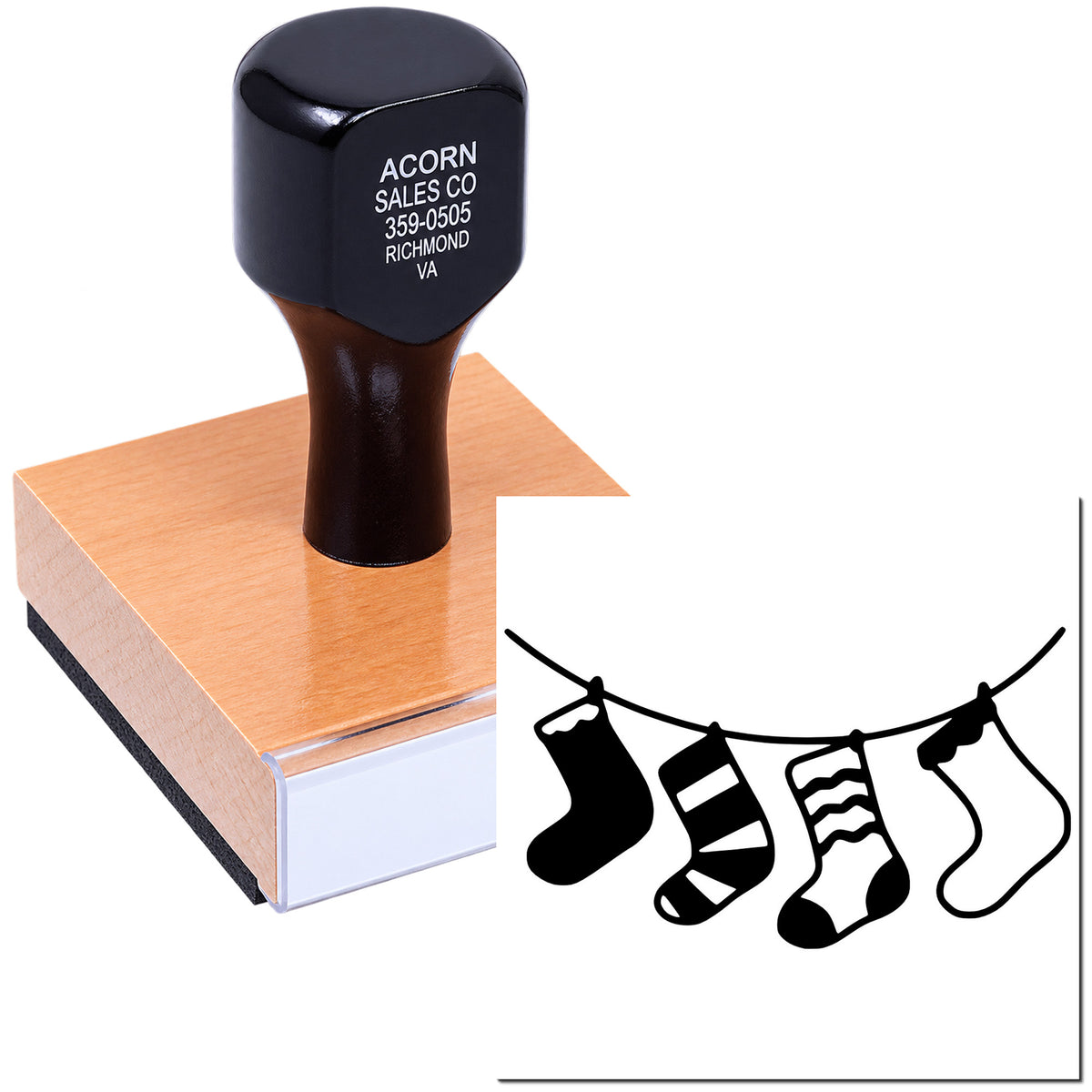 Custom rubber stamp with business address imprint and holiday stocking design for branding and holiday mailings.