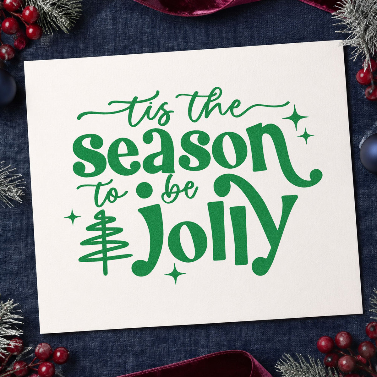 Tis Season To Be Jolly Tree craft stamp imprinted in green ink on paper, a design suited to framed entry bench.