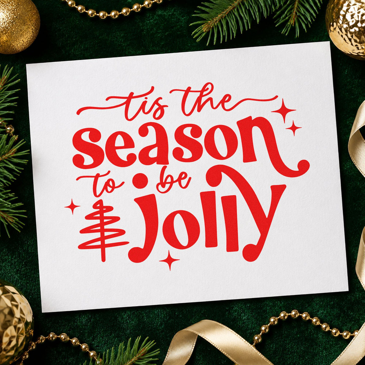Tis Season To Be Jolly Tree rubber stamp shown in red ink, stamped for projects such as welcome bag seals.