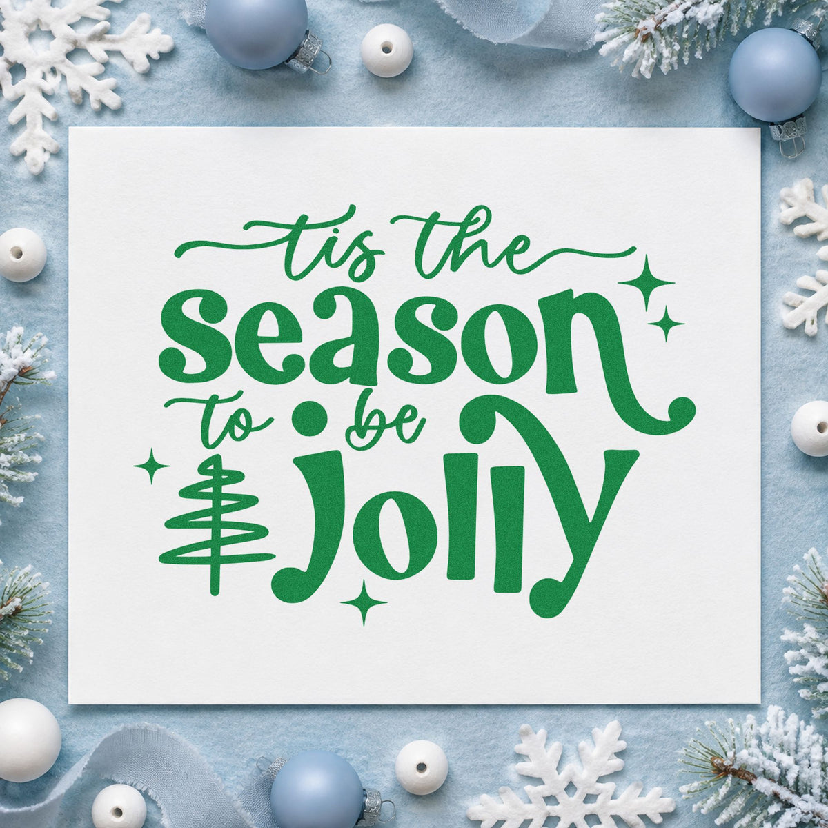 Tis Season To Be Jolly Tree craft stamp imprint in green ink on a handmade project, one idea being open house cards.