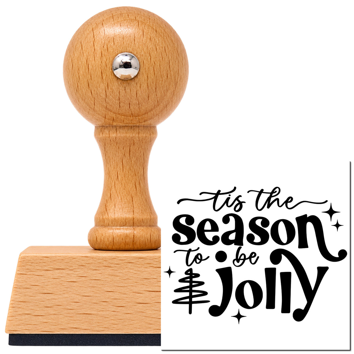 Tis Season To Be Jolly Tree Vintage Pro rubber stamp in European beech wood with a round knob handle, shown beside its black imprint.