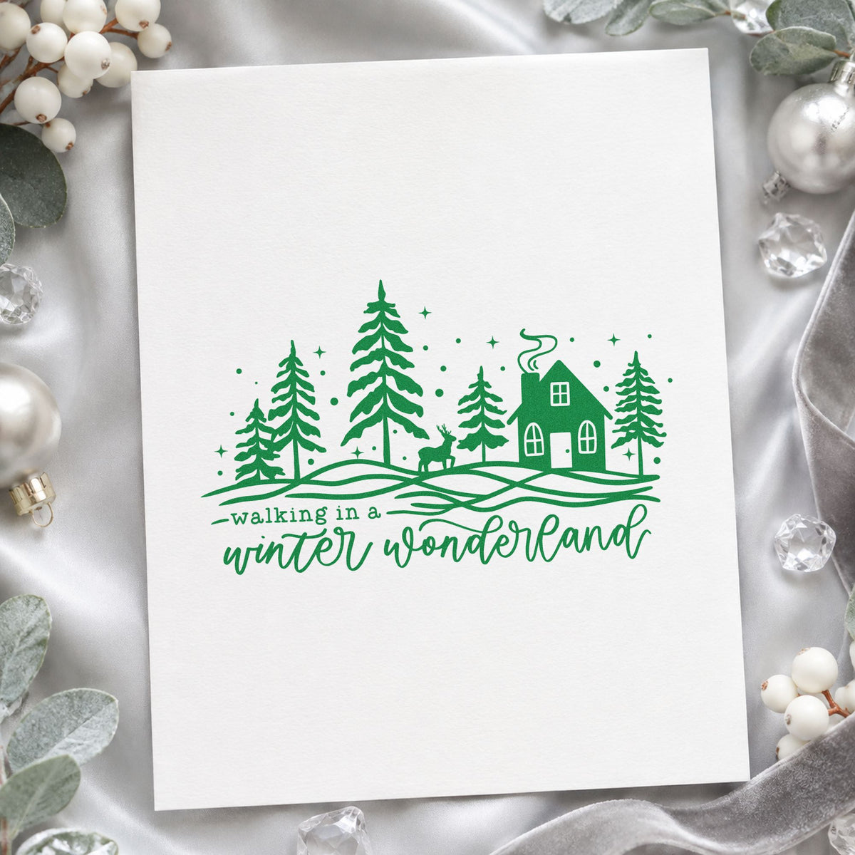 Walking Winter Wonderland Cottage craft stamp imprint in green ink on a handmade project, one idea being new home gift tags.